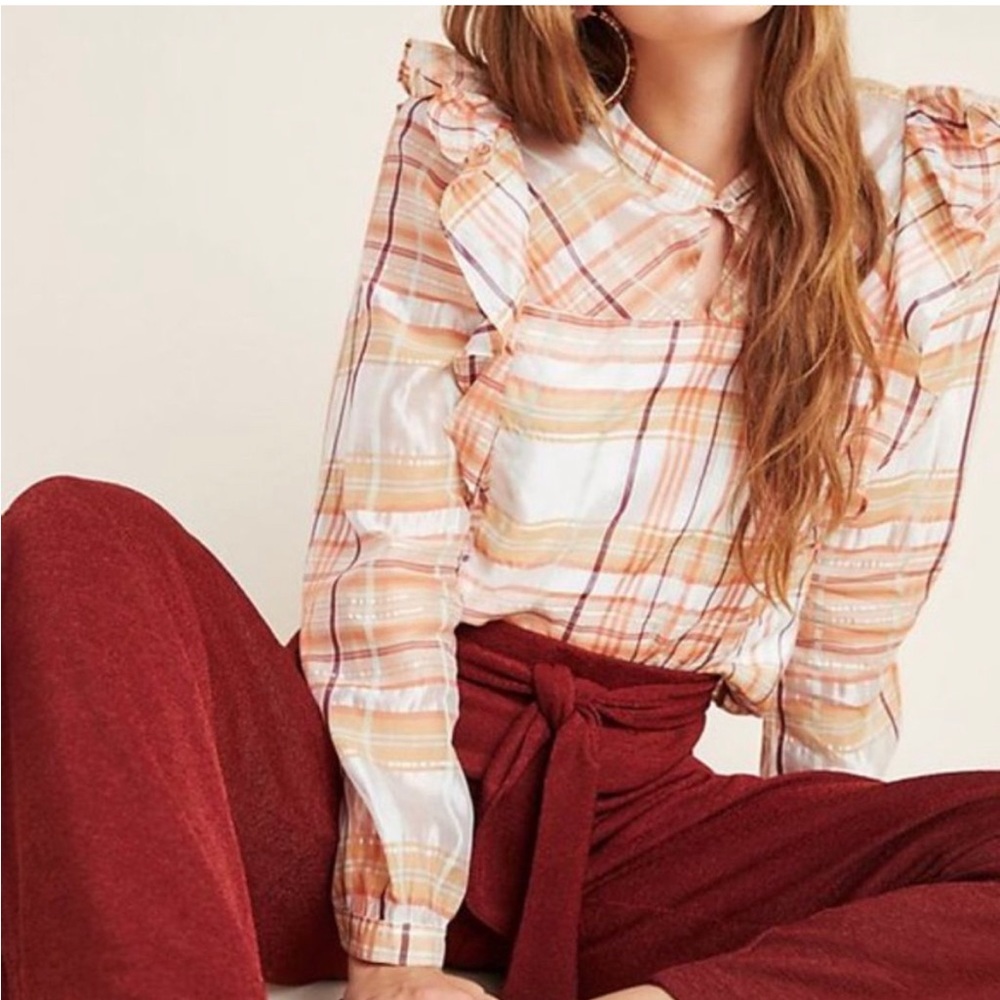 Anthropologie Organza Peach Ruffle Top Size Small